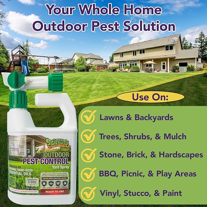 Trifecta Outdoor Pest Control | Natural mosquito repellent, tick, gnat, & mosquito backyard control | Pet & Kid Safe | Hose-End pest control spray for Lawns, Trees, Bushes, Patios & More (32oz 1-Pack)