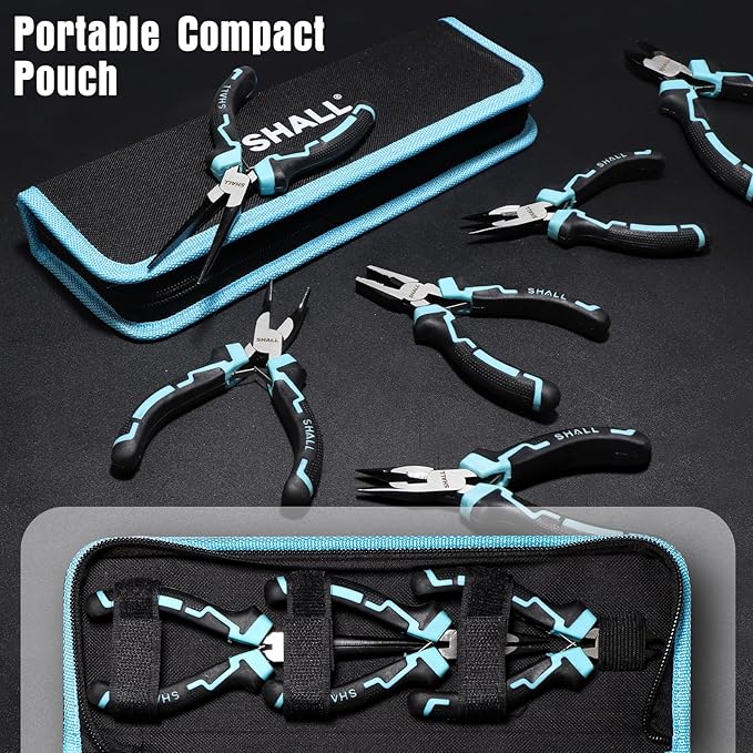 SHALL Mini Pliers Set, 6-Piece Small Pliers Tool Set Includes Needle Nose, Long Nose, Bent Nose, Diagonal, End Cutting and Linesman for Making Crafts, Electronic Repairing & Jewelry with Pouch