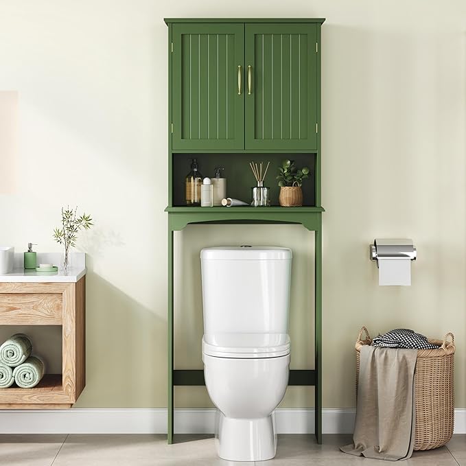 Yaheetech Over The Toilet Storage Cabinet, Over Toilet Cabinet with Adjustable Shelf, Bathroom Storage Organizer with Double Wood Doors, Green