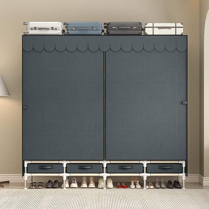 Large Portable Wardrobe with 4 Hanging Rods and Drawers, Armoire, Metal Storage Wardrobe Hangers, Upgraded Grey Non-Woven Dust Cover for Handing Closet,Large Closets for Bedroom