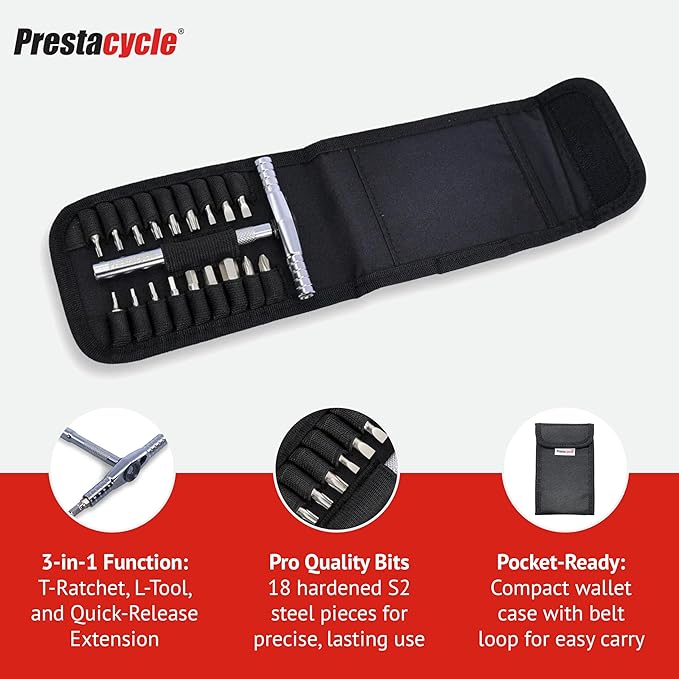 Prestacycle T-Handle Ratchet Wallet Kit – Compact 3-Way Ratchet Tool Kit with 12 Bike-Specific 1/4” Hex Bits, Bicycle, Extension Bar & Slim Carry Case