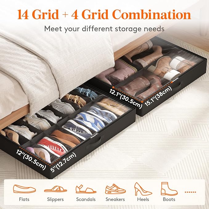 Lifewit Under Bed Shoe Storage Organizer 4 Pack(2x14 Pairs+2x4 Pairs), 4.3" Tall Fabric Shoes Container Box, Foldable Closet Shoe Bag with 2 Reinforced Handles and Clear Cover, Black