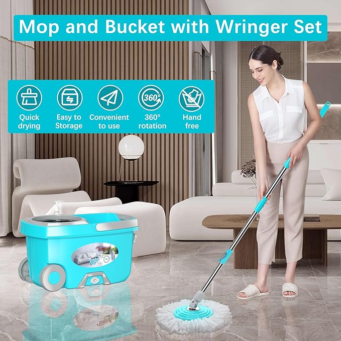 FunClean Spin Mop and Bucket,Mop and Bucket with Wringer Set for Home,360 Spinning Mopping Floor Cleaning Tool with 6 Microfiber Replacement Head Refills,61" Extended Handle, 2X Wheel - Blue