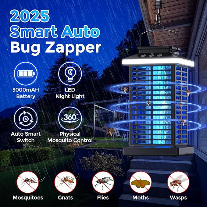 Bug Zapper Outdoor, Mosquito Zapper 2 in 1 Portable & Rechargeable Bug Zapper Outdoor with 5000mAh Battery & LED Night Light, 4000V Electric Fly Zapper for Outside,Patio,Backyard,Garden