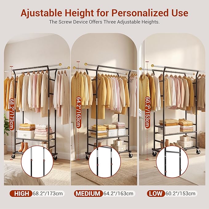 Clothes Rack with 3-Level Height Adjustment - Double Rod Extendable Hanging Rails with Wooden Finials, Luxury 2-Tier Metal Storage Shelves - Sturdy Wardrobe Rack for Closet, Bedroom or Laundry