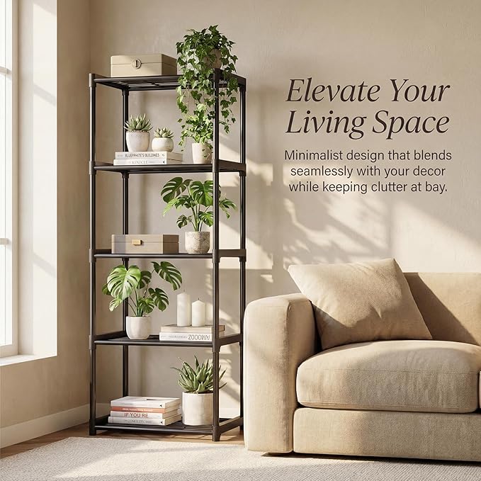 5-Tier Storage Shelves with Plastic Connectors – Metal Shelf Organizer for Pantry, Closet & Bathroom, Space-Saving Sturdy Shelving Unit Rack, Black, 17.3" x 12.8" x 56.7"