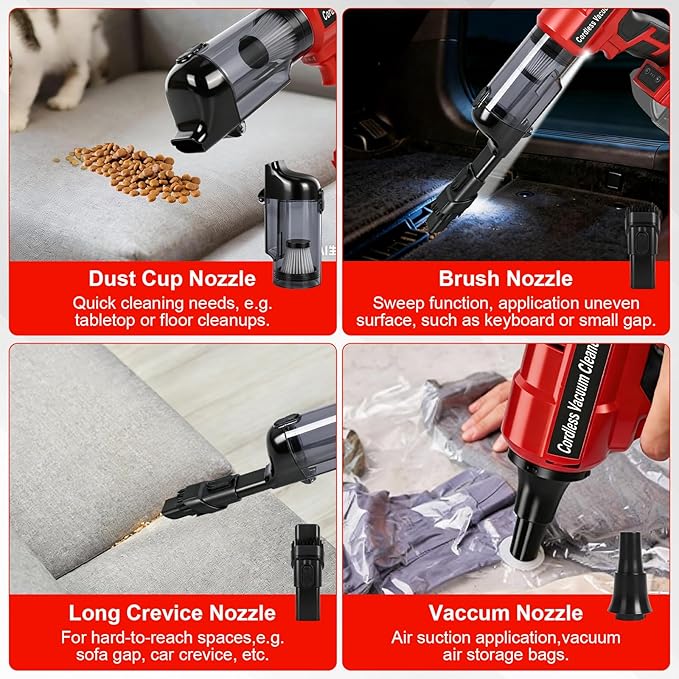 Cordless Vacuum Cleaner for Milwaukee M18 Battery, 105AW Brushless Handheld Vacuum with 3-Speed Control, LED Light, 4 Nozzles & 5 Filters, Portable Vacuum for Car Floor Home (No Battery)