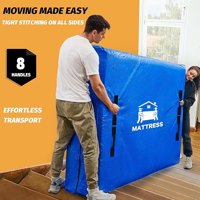 Mattress Bags for Moving, BETU Mattress Protector Waterproof Mattress Cover Twin XL Size Storage Bags with 8 Heavy-Duty Handles and Zipper for College Bed Extra Thick Large(2 Pack:82"x42"x15" Blue)
