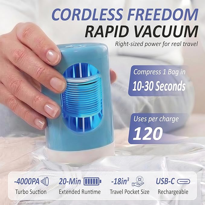 Cozy Essential Travel Vacuum Storage Bags with Rechargeable Cordless USB Pump, Space Saver Bags for Luggage, Suitcase, Carry-On, for Clothes, Blankets, Bedding & Seasonal Storage,15 Combo