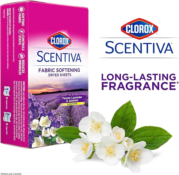Clorox Scentiva Fabric Softener Dryer Sheets, Tuscan Lavender & Jasmine Scent - Wrinkle Reducing Scented Softening Laundry Dryer Sheets for Great Smelling Clothes, 40 Count