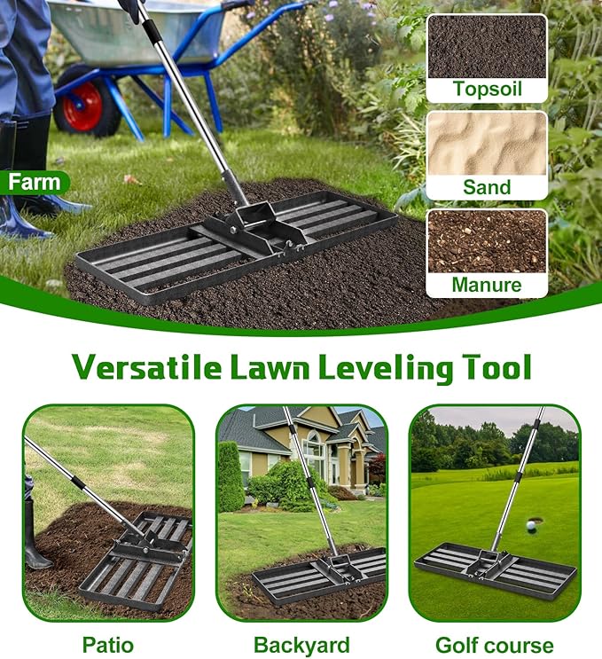 Lawn Leveling Rake 30x10 inch with Stainless Steel Rod and Carbon Steel Head - Heavy Duty Yard Leveler for Grass Soil Sand Dirt Topsoil Fertilizer Distribution Garden Farm