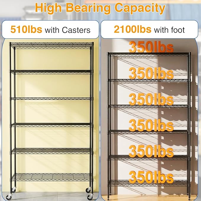 Storage Shelves 2100Lbs Capacity, 6-Shelf on Casters 45" L×18" W×82" H Commercial Wire Shelving Unit Adjustable Layer Metal Rack Strong Steel for Restaurant Garage Pantry Kitchen,Black