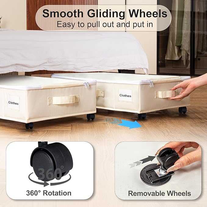 Vincona Under Bed Storage with Wheels, Rolling Under Bed Storage Containers with Label Holders for Clothes, Shoes and Blankets, Underbed Storage Organizer with Cover, 2 Pack Beige (23.6x15.7x7.28 in)
