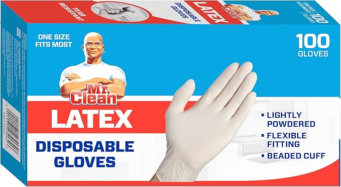 Mr Clean Latex Gloves Disposable Single Use Lightly Powdered Non-Sterile Multipurpose Uses One Size Fits Most Tear & Puncture Resistant Design 9.5-Inch Long with Beaded Cuff, 100-Count, Blue