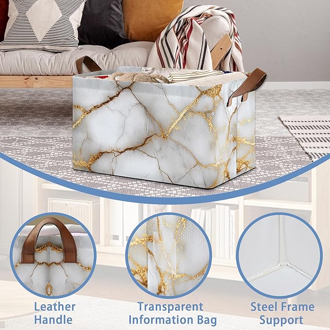 White Gold Marble Storage Baskets,Foldable Large Capacity Organizer Bins with Waterproof Lining and Leather Handles for Closet,Shelf,Bedroom 17x11.5x10Inch