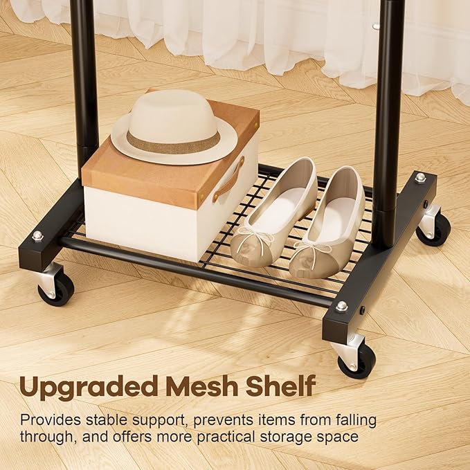 MISSLO Small Clothes Racks for Hanging Clothes Clothing Rack with Wheels 60" Metal Garment Rack with Shelves Portable Rolling Wardrobe Rack for Small Space, Black