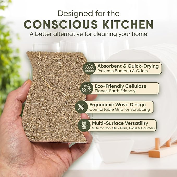 Plant-Based Kitchen Sponges (6 Pack) | USDA Biobased Certified | FSC & PETA Approved | Natural Cellulose & Coconut Scrubber Sponge | S-Shaped Design | Eco-Friendly, Non-Scratch, Non-Toxic & Vegan