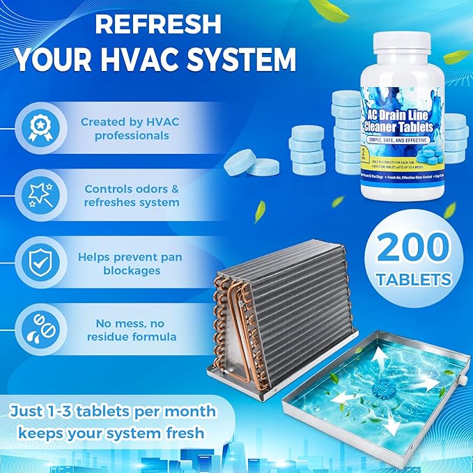 Loopeer 200 Ac Drain Line Tablets Cleaner, Fast Acting Prevents Overflow HVAC Drain Pan Clean for HVAC, Window Units, Mini-splits, Dehumidifiers and Refrigerators System Maintenance
