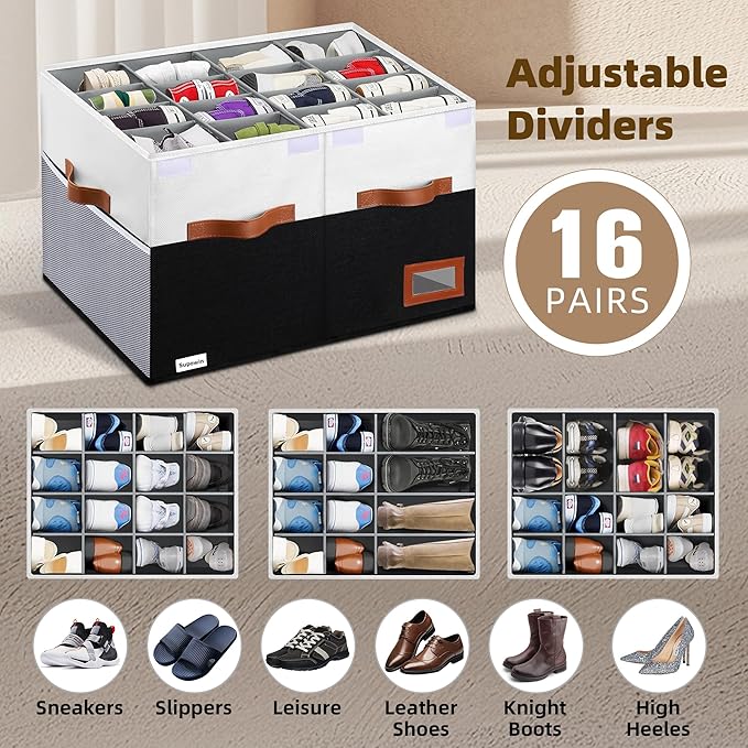 Supowin Shoe Organizer for Closet, Foldable Shoe Storage Bins with Lid & Adjustable Dividers, Fabric Shoe Box Storage Containers with Four Reinforced Handles, Fits 16 Pairs, 1 Pack, Black & White