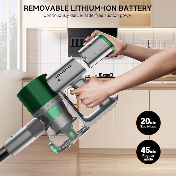 Cordless Stick Vacuum Cleaner - Lightweight Handheld Vacuum with Self Standing, Removable Battery with 45min Running Time, Anti-tangle Wireless Vacuum for Home Pet Hair/Hardwood Floor/Carpet GB