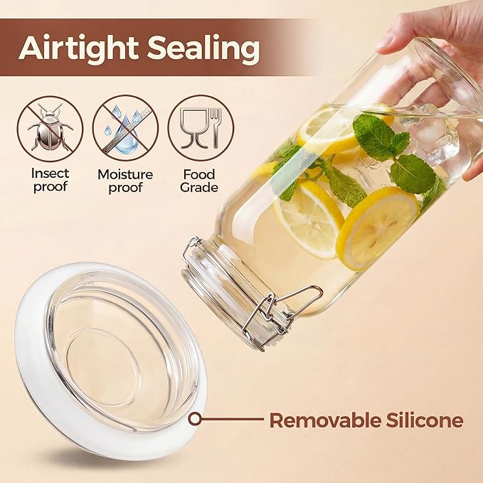 78oz - 3 Pack Square Glass Jars with Airtight Lid, Wide Mouth Mason Jars with Clamp Lids, Air Tight Glass Canisters, Best Food Storage Containers for Flour, Sugar, Cereal, Pasta, Rice, Coffee, Spice