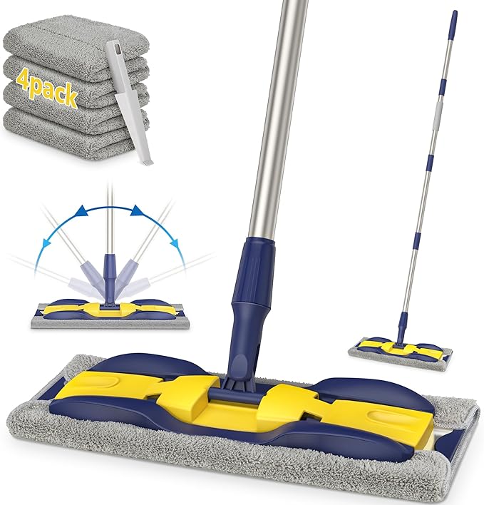 Microfiber Mops for Hardwood Floor Cleaning: MEXERRIS Flat Floor Mop with 4 Washable Pads 59" Adjustable Handle - Dust Dry Mops for Kitchen Bathroom Tile Laminate Wood Vinyl - Home Commercial Mop