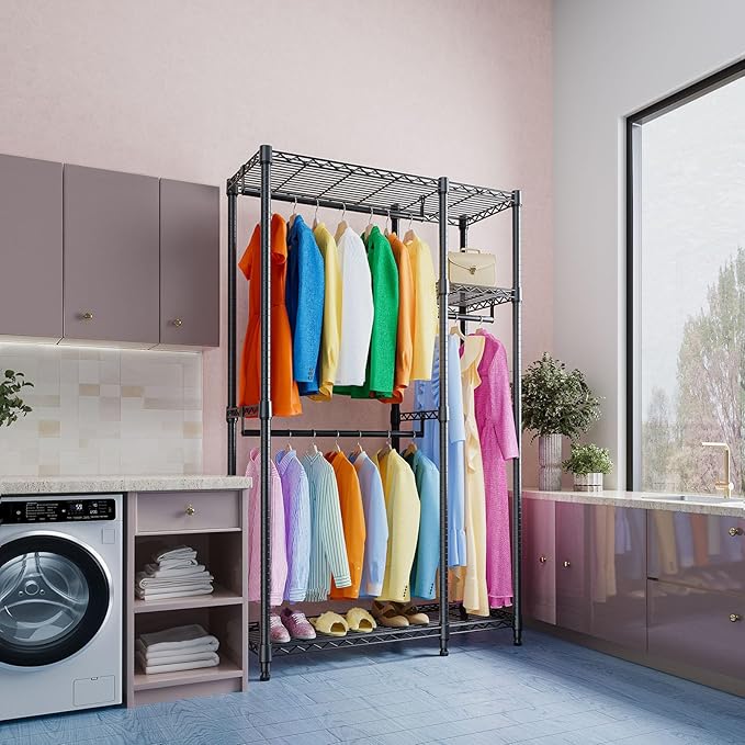 IZEUK Heavy Duty Rolling Garment Rack Wire Clothes Rack for Hanging Clothes (Black, 3 composition, 15.7" D x 43.3" W x 76.5" H)