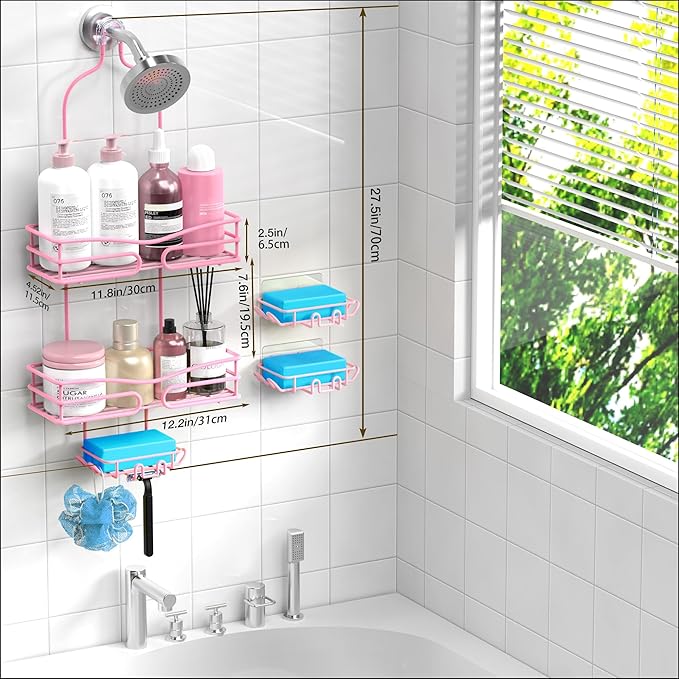 DAOYA Over the Shower Head Caddy Pink - Shower Caddy Hanging with 3 Soap Holders, Stainless Steel Bathroom Organizer and Storage, Rustproof