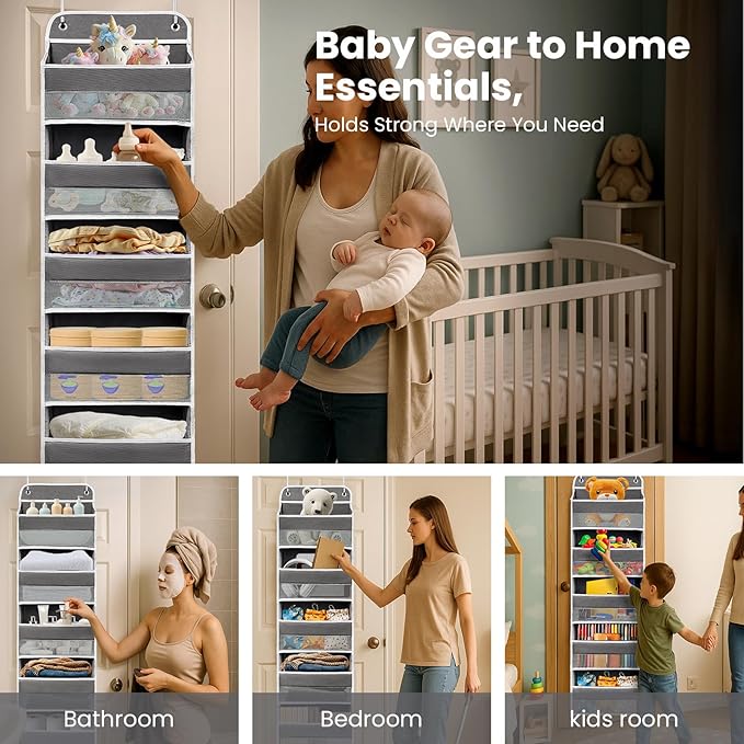 Ease of Assembly Over The Door Organizer, 5 Shelves & 8 Side Pockets,Hanging Behind Door Storage, Heavy-Duty Reinforced Mesh Rack Holds 44lb for Bathroom,Pantry, Nursery,Closet, Shoes, Towels