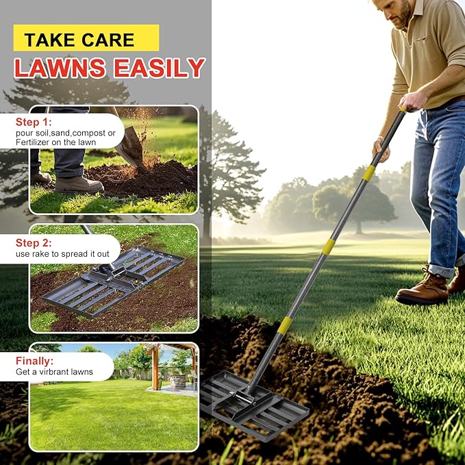 Lawn Leveling Rake - Heavy Duty 17"x10" Stainless Steel Leveler Plate,Reinforced Welds,28-60" Adjustable, Anti Flipping Smooth Edge,for Soil, Dirt,Ground,Backyard Top Dressing,Landscaping