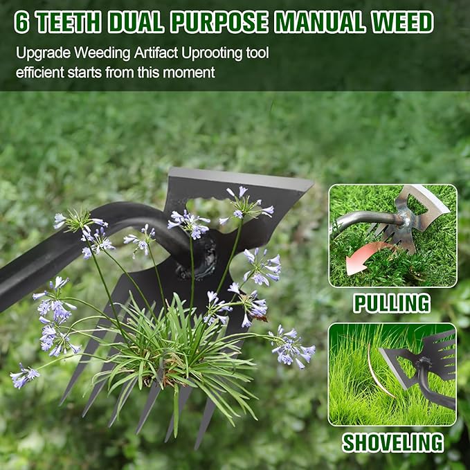 Garden Weeder Puller Tool, 6 Teeth Upgrade Weeding Artifact Uprooting Weed Tool, Manganese Steel Hand Weeder Tool, Dual Purpose Manual Weed Pulling Remover Tool with Rubber Handle