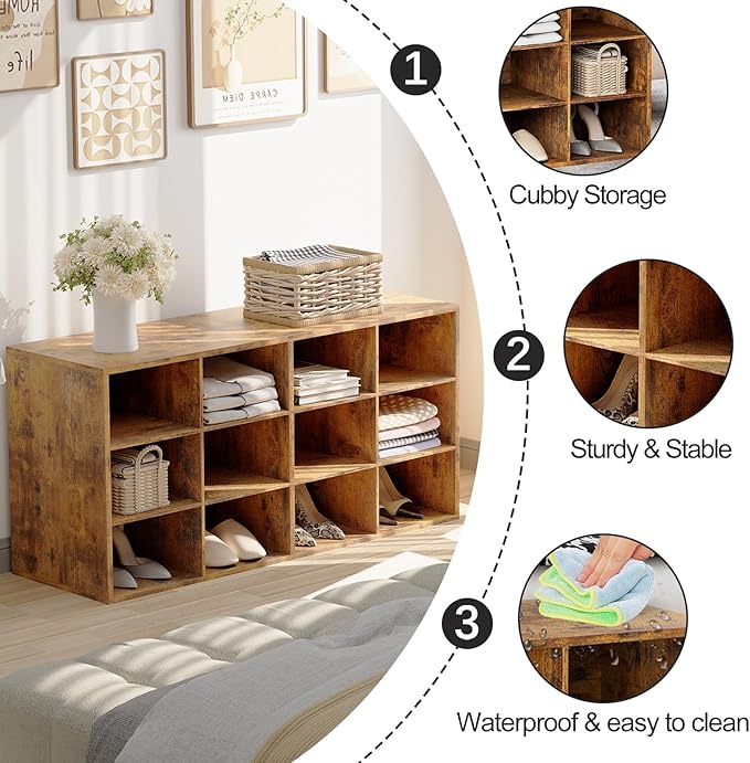 Garden 4 you Shoe Storage Bench, Cubby Shoe Rack with 12 Cubbies, 3-Tier Wood Shoe Rack Organizer, Shoe Organizer Cabinet for Entryway, Hallway, Closet and Garage, Brown