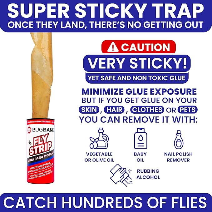 Fly Strips Indoor Sticky Hanging 48pk with Pins. Non Toxic Outdoor Fly Trap Indoor for Home. Flies Tape Paper Trap Ribbon Roll for House Gnat Fruit and Housefly. Bug Catchers for Inside Home Flypaper