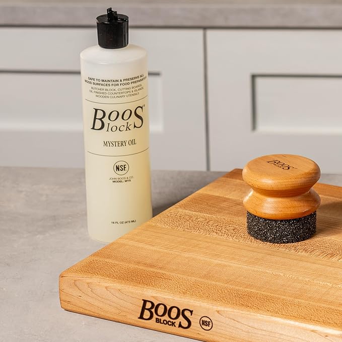 John Boos 2-Piece Care Set, 16 oz Mystery Oil & Round Beechwood Applicator - All-Natural Maintenance Formula for Butcher Blocks, Cutting Boards, Wooden Countertops & Wood Utensils