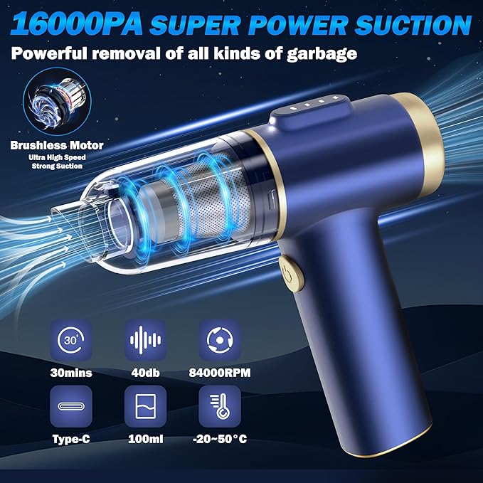 Handheld Car Vacuum Cleaner, 2-in-1 Portable Mini Car Vacuum Cleaner,16000Pa High Power & Air Duster, Handheld Vacuum Cordless with LED Light and Multi-Nozzles for Car,Home,Office(black blue)