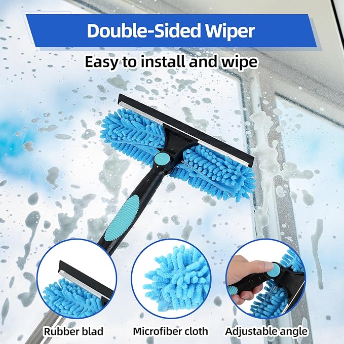 65'' Window Washing Kit with Extension Pole, 2-in-1 Window Cleaning Kit with Scrubber and Rotating Head, Window Cleaner Tool for Shower Rooms, Glass, Floors, Tiles, Walls, Car Windshields