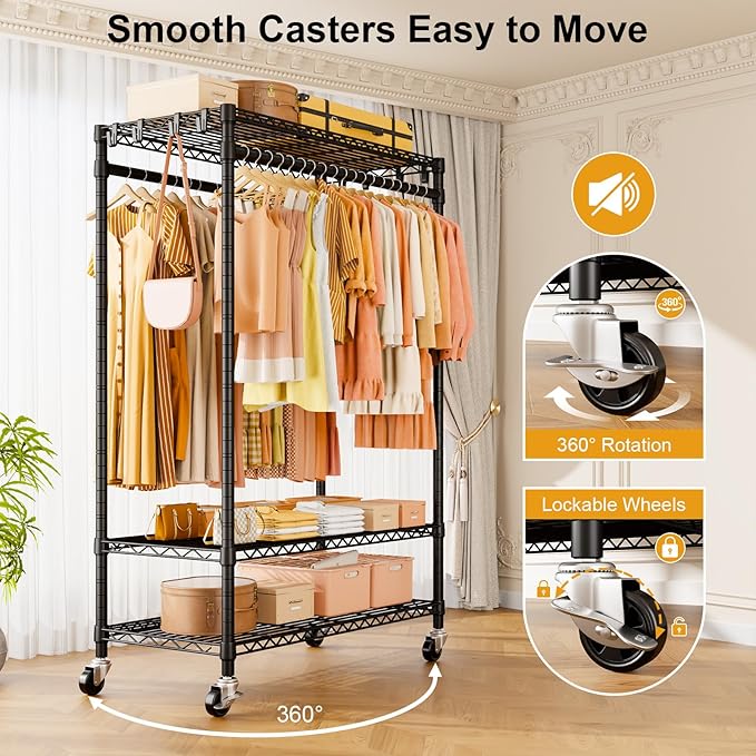 ULIFHOME P7 Rolling Clothes Rack, Clothing Racks for Hanging Clothes, Heavy Duty Garment Rack with Wheels, 3 Tiers Freestanding Portable Closet Rack 45''W × 20.5''D × 80.5''H, Max Load 480 lbs, Black