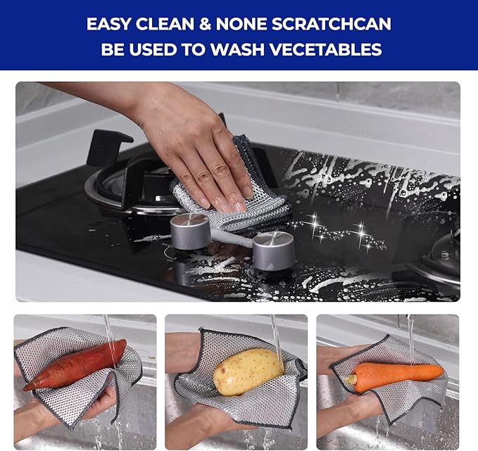 Wangjinpeng 50 PCS 3-Layer Non-Scratch Multipurpose Steel Wire Dishcloths - Reusable Quick-Dry Odor-Free Scrub Cloths for Dishes, Kitchen Cleaning Cloths for Cookware, Sinks, Stove Tops(7.87X7.87)