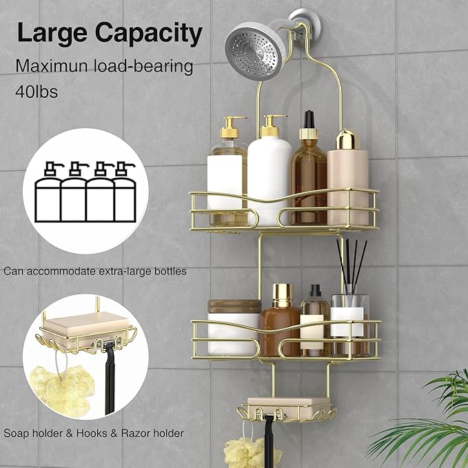 DAOYA Over the Shower Head Caddy - 3 Tier Shower Caddy Hanging, Gold Bathroom Organizer with Soap Holder & Hooks