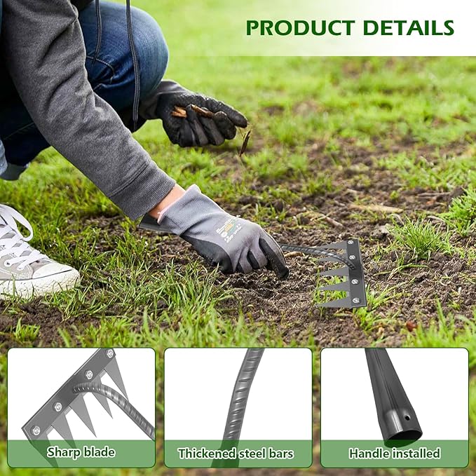 Iron Weeder Tool Without Long Handle, 5 Teeths Manual Weeder Remover Tool, Hand Weed Rake and Garden Hoe for Gardening, Heavy Duty Uprooting Weeding Pull for Yard, Lawn, Patio and Garden