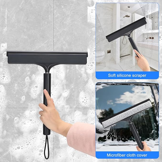 Shower Squeegee with Long Handle, Telescoping Window and Floor Extendable Squeegee for Shower Glass, Bathroom Surfaces, Mirrors, and Smooth Floors, Includes Replaceable and Washable Cloth Pads
