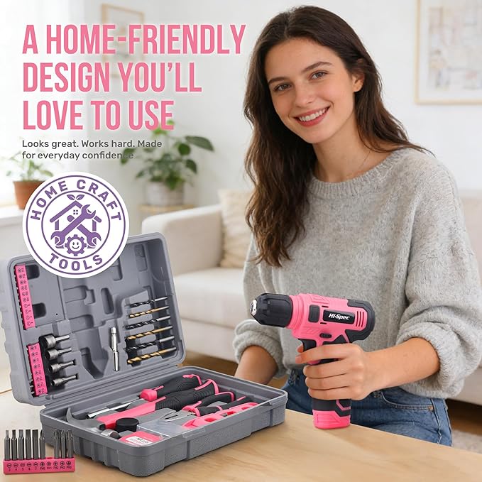 Hi-Spec 8V Cordless Drill Set & Tool Kit for Women – Ladies Complete Rechargeable Electric Power Drill Driver with Starter Tools, Compact Hand Toolbox, Pink, Ideal for Home Projects