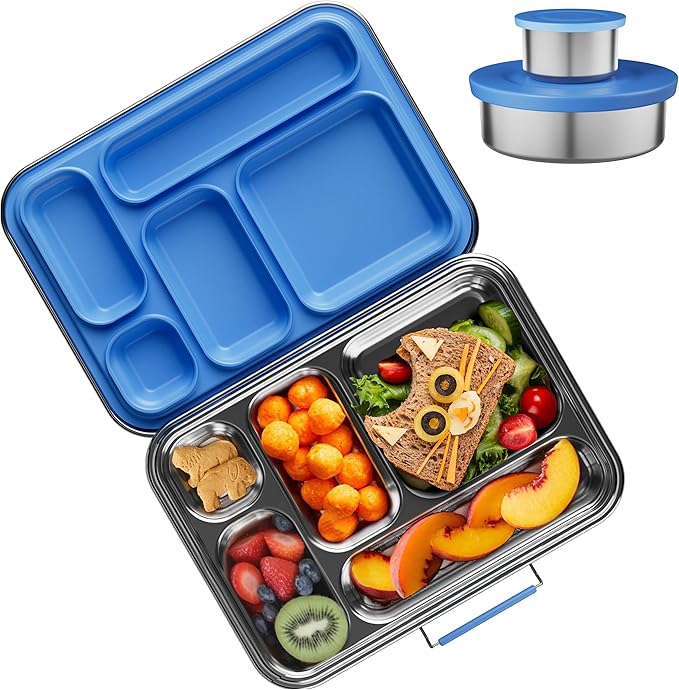 AOHEA Stainless Steel Bento Box Kids, Kids Metal Bento Lunch Box BPA Free Lunch Box Containers 304 Stainless Steel Bento Box for School and Office(Bule)