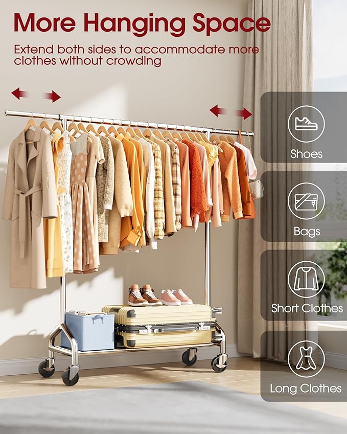 Sakugi Heavy Duty Clothes Rack - Garment Rack with Extendable Side Rods & Bottom Shoe Shelf, 25mm Stainless Steel Frame with Wheels, 49.8–74.8'' x 62.6'' x 16.5'', Silver