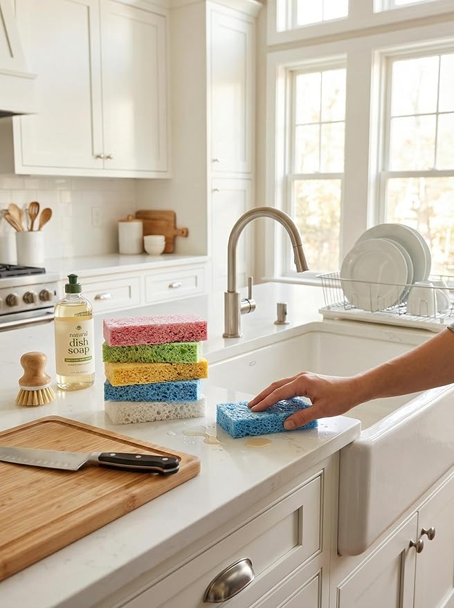 Kitchen Sponges- Heavy Duty Cellulose Scrub Dish Sponge for Tough Messes, Scratch Free & Durable, 100% Biodegradable Pop Up Eco Sponges DIY, 5 Colors Sponges