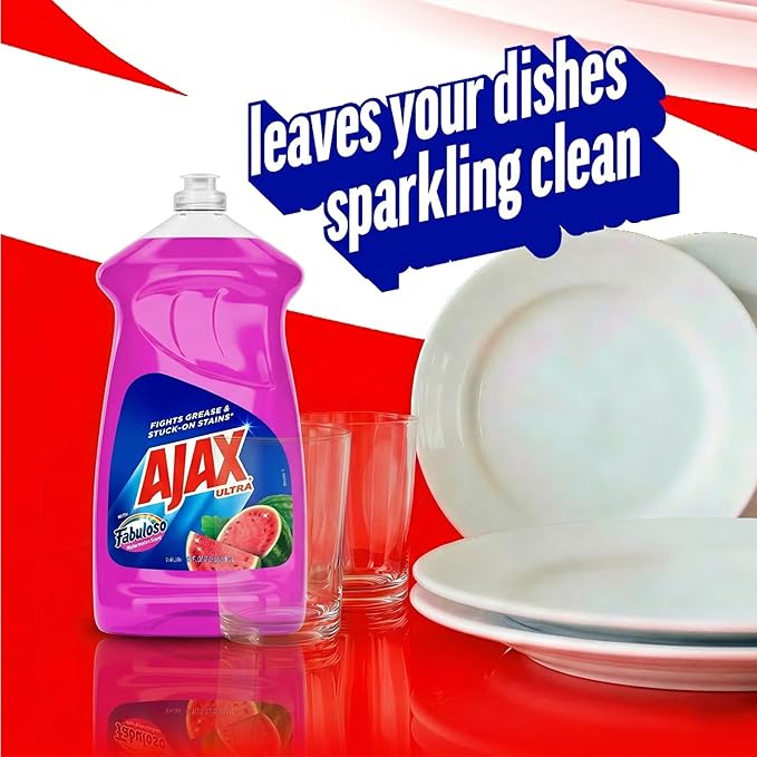 Ajax Ultra Liquid Dish Soap with Fabuloso Watermelon Scent, Fights Grease and Stuck-On Stains, Deep Cleaning Action, Mess-Free, Easy-Flip Cap, 52 fl oz Bottle