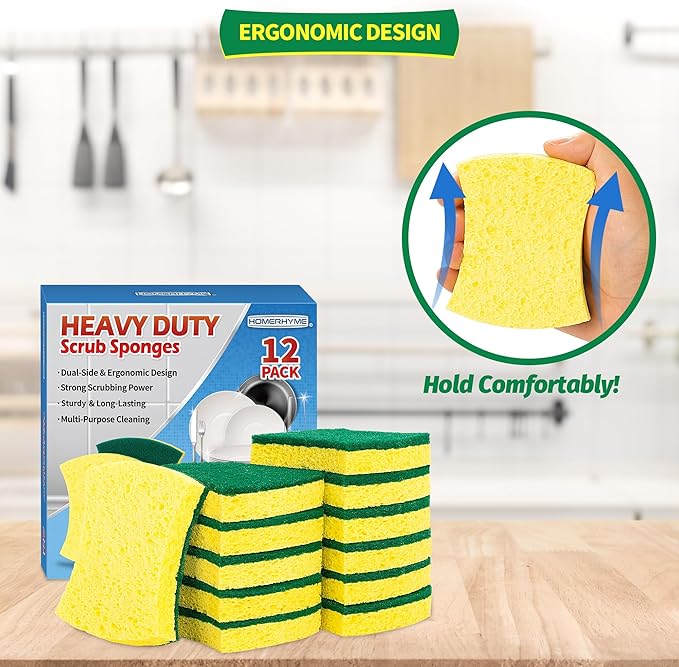 HOMERHYME Heavy Duty Sponges, 12 Pack Cellulose Scrub Sponge, Dual-Sided Kitchen Sponge, Multipurpose Sturdy Ergonomic Design for Kitchen Dishwashing, Uncoated Cookware, Sink, and Countertops