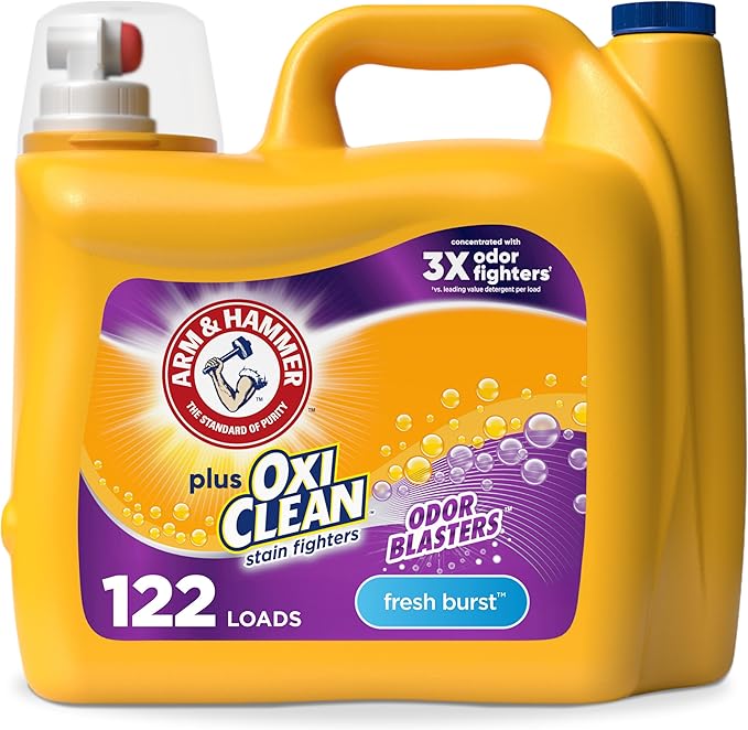 ARM & HAMMER Plus OxiClean with Odor Blasters Liquid Laundry Detergent, Laundry Odor Remover, Attacks Stains, Fresh Burst Scent, 122 Loads, 158.6 Fl Oz