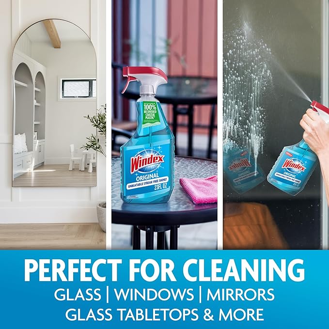 Windex Glass and Window Cleaner Spray Bottle, Packaging Designed to Prevent Leakage and Breaking, Surface Cleaning Spray, Original Blue Scent, 23 Fl Oz (Pack of 2)