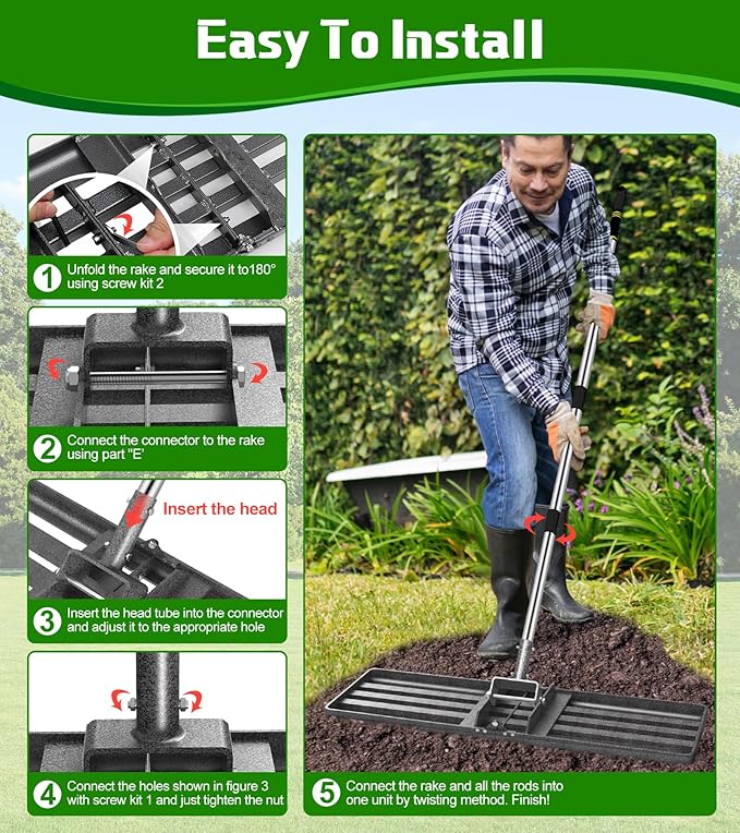 Lawn Leveling Rake 30x10 inch with Stainless Steel Rod and Carbon Steel Head - Heavy Duty Yard Leveler for Grass Soil Sand Dirt Topsoil Fertilizer Distribution Garden Farm